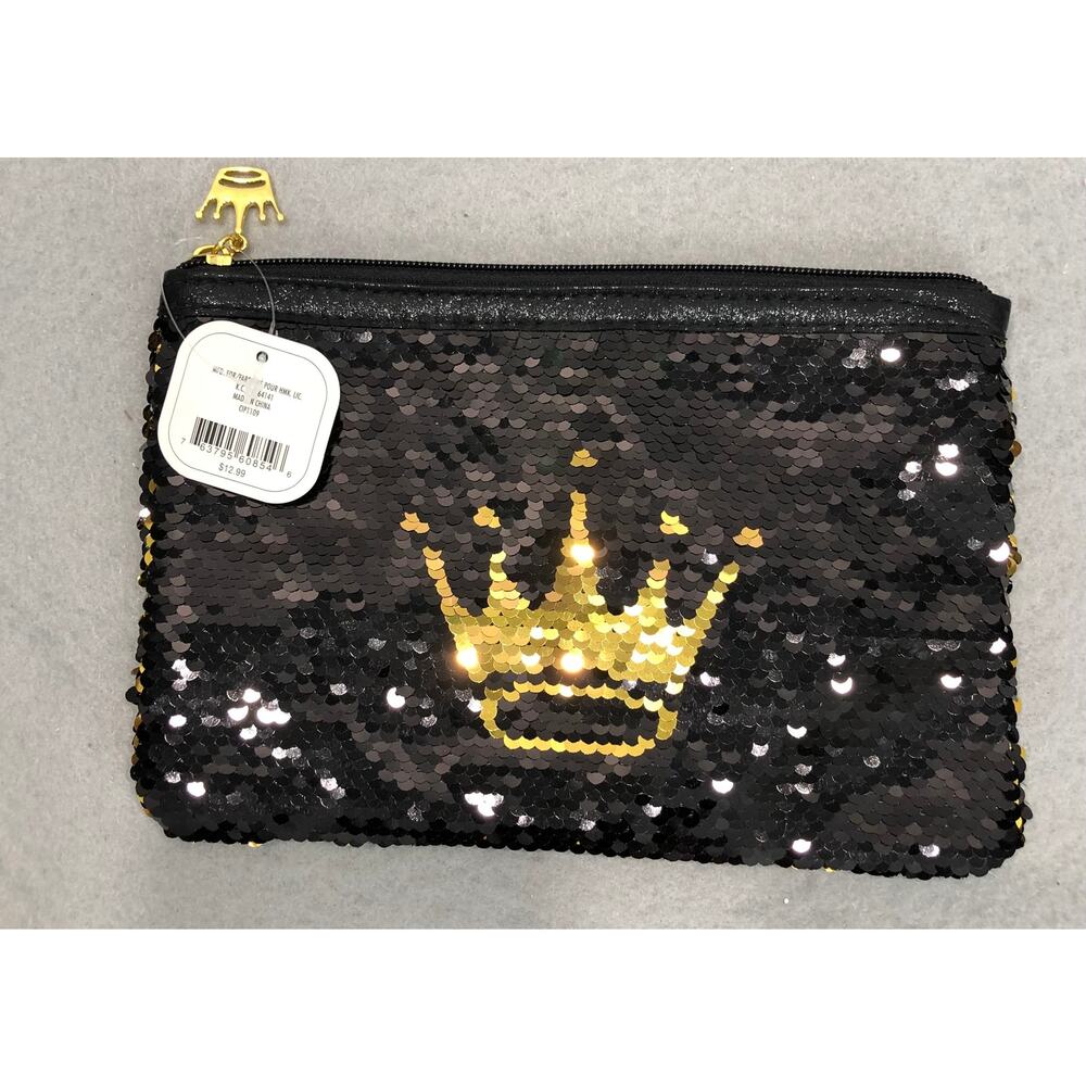 90s Y2K Retro Style Black Sequin Tote Bag Whimsical Gold Crown Logo & Pouch - Picture 11 of 15